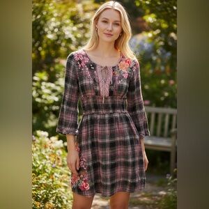 Johnny Was Pink and Black Plaid Embroidered Peasant Mini Dress
